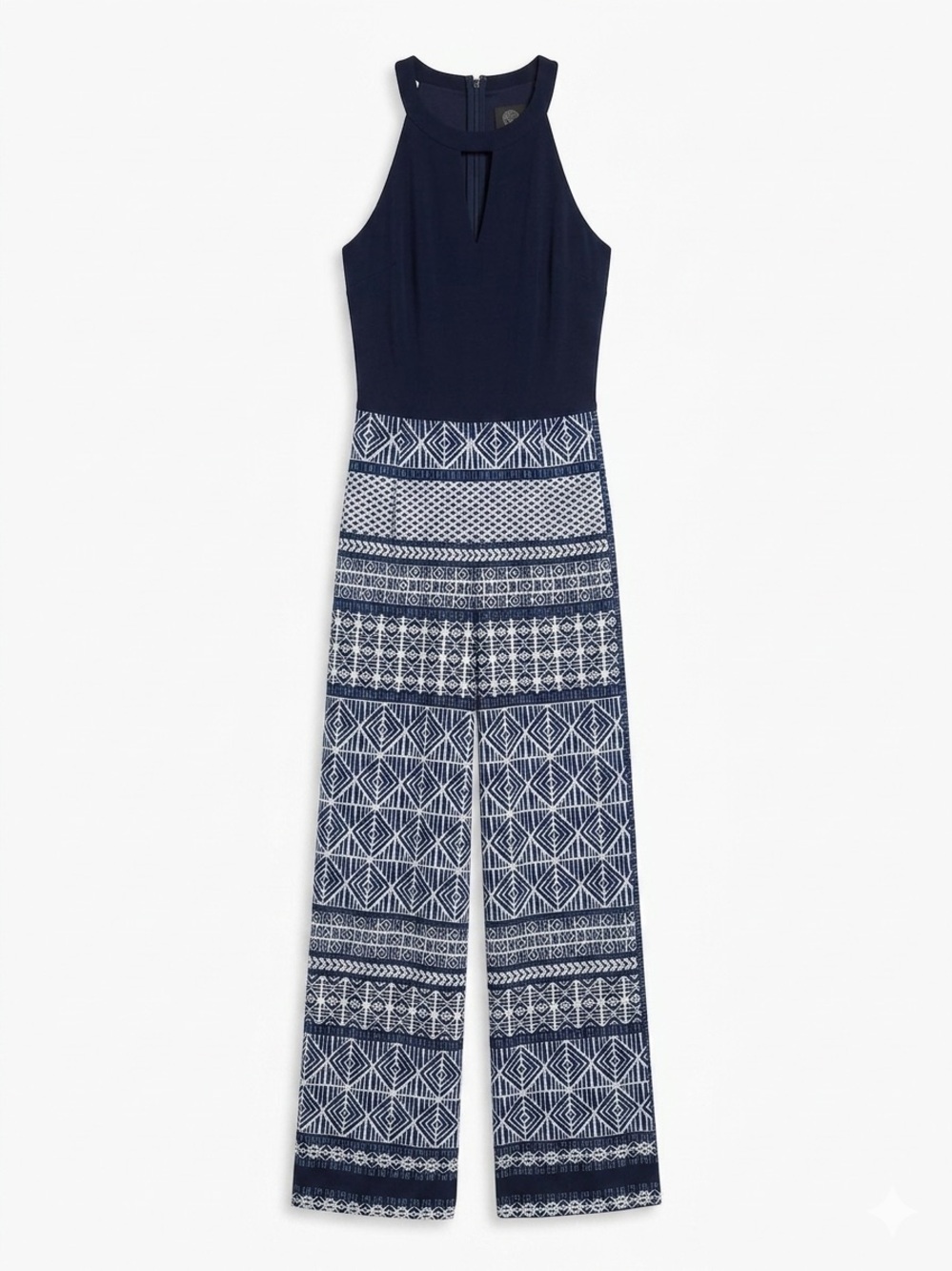 Vince Camuto Navy and White Halter-Top Printed Wide-Leg Jumpsuit